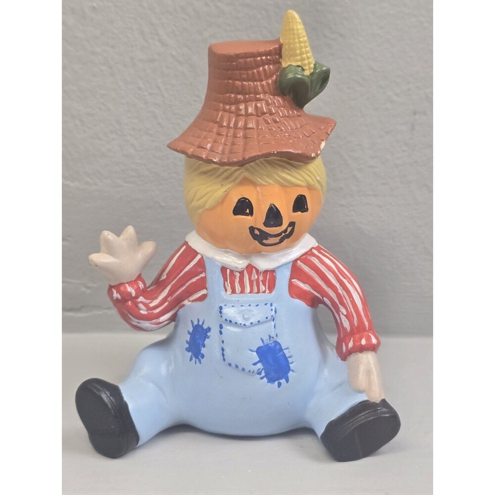 Vintage Halloween Scarecrow Figurine Pumpkin Face Ceramic Painted Mold 80s Decor